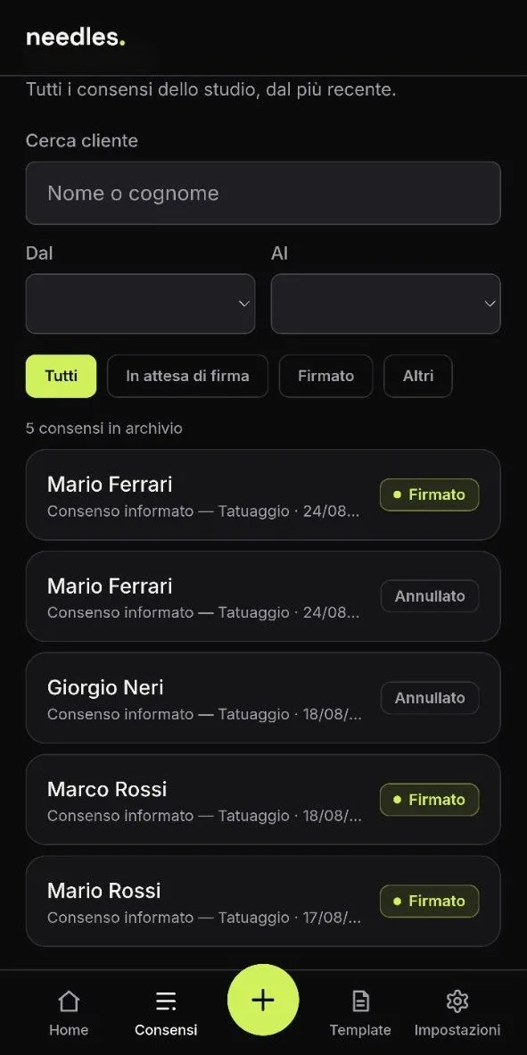 L'archivio consensi dell'app Needles: ricerca per nome, filtri per data e stato, elenco dei consensi firmati