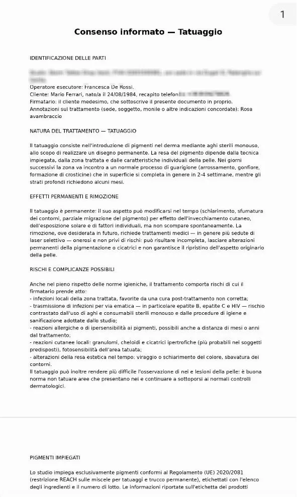 La prima pagina del PDF del consenso informato firmato: identificazione delle parti, natura del trattamento, rischi