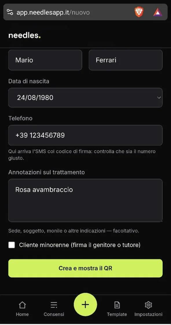 Compilazione dei dati del cliente nell'app Needles: nome, data di nascita, telefono e annotazioni sul trattamento