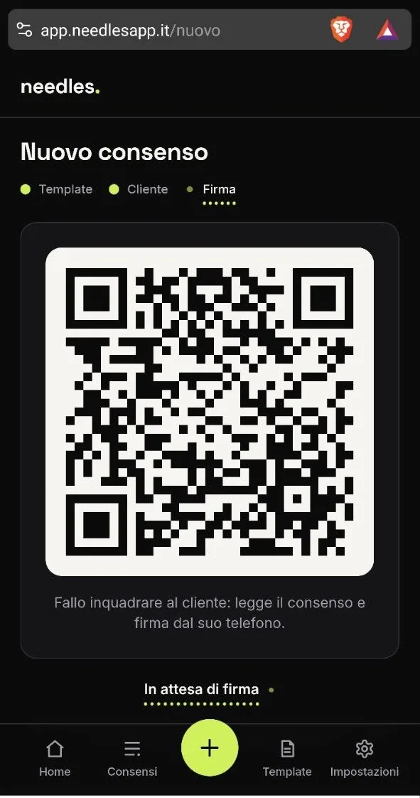 Schermata QR code dell'app Needles con lo stato "In attesa di firma"