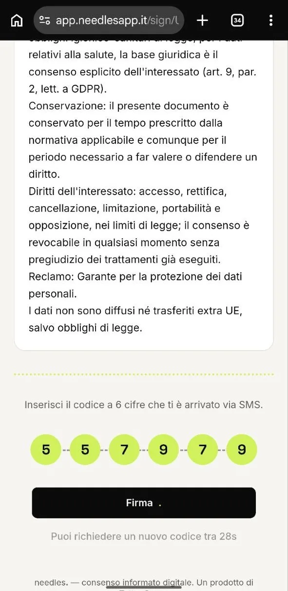 Il codice a sei cifre inserito nella pagina di firma, pronto per confermare