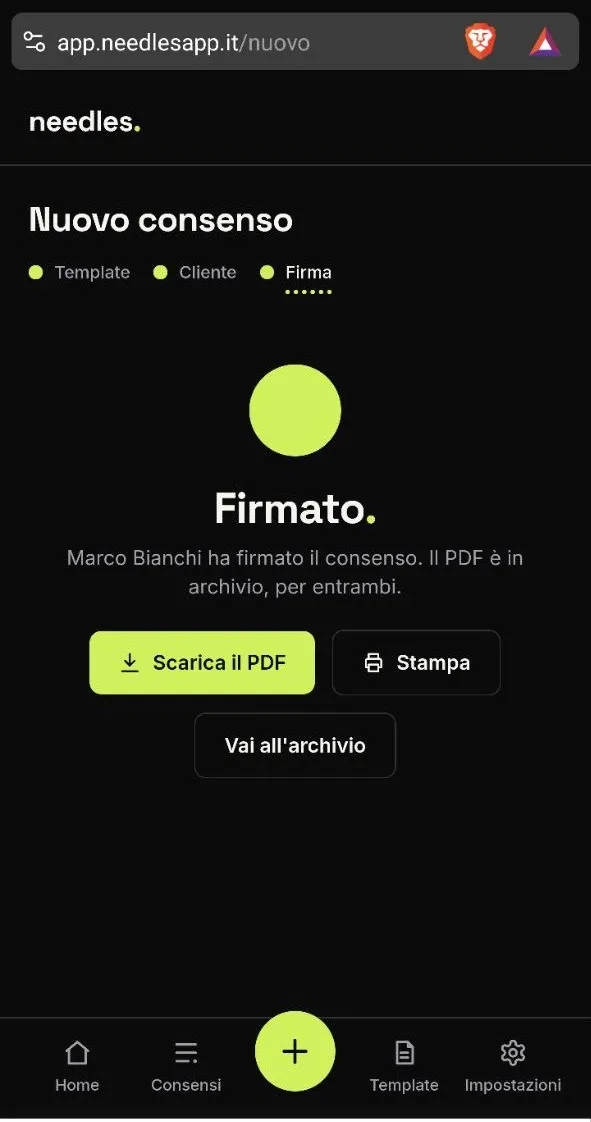 La conferma di firma nell'app dello studio, con i bottoni per scaricare il PDF, stamparlo e andare all'archivio